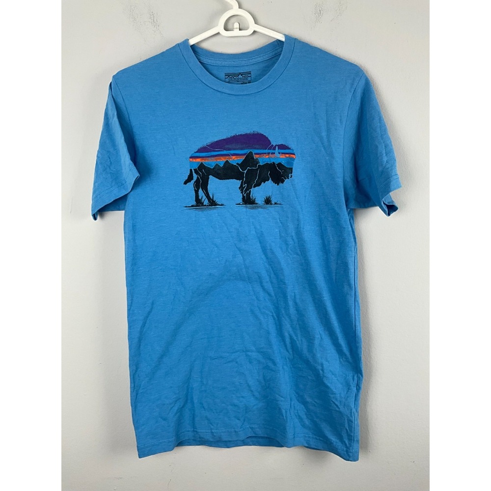 Patagonia S‎ Blue Fitz Roy Bison Slim Fit Cotton/Poly Short Sleeve T-Shirt 39058